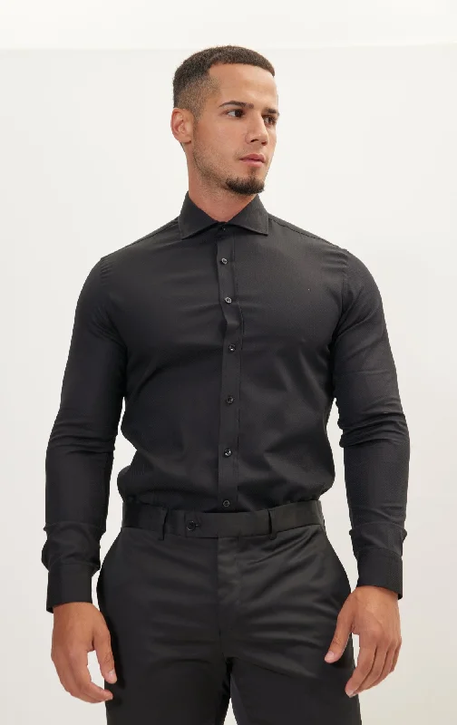 Basic Fashion Versatile Tops Pure Cotton Front Placket Spread Collar Dress Shirt - Black Basic Fashion Versatile Tops Pure Cotton Front Placket Spread Collar Dress Shirt - Black