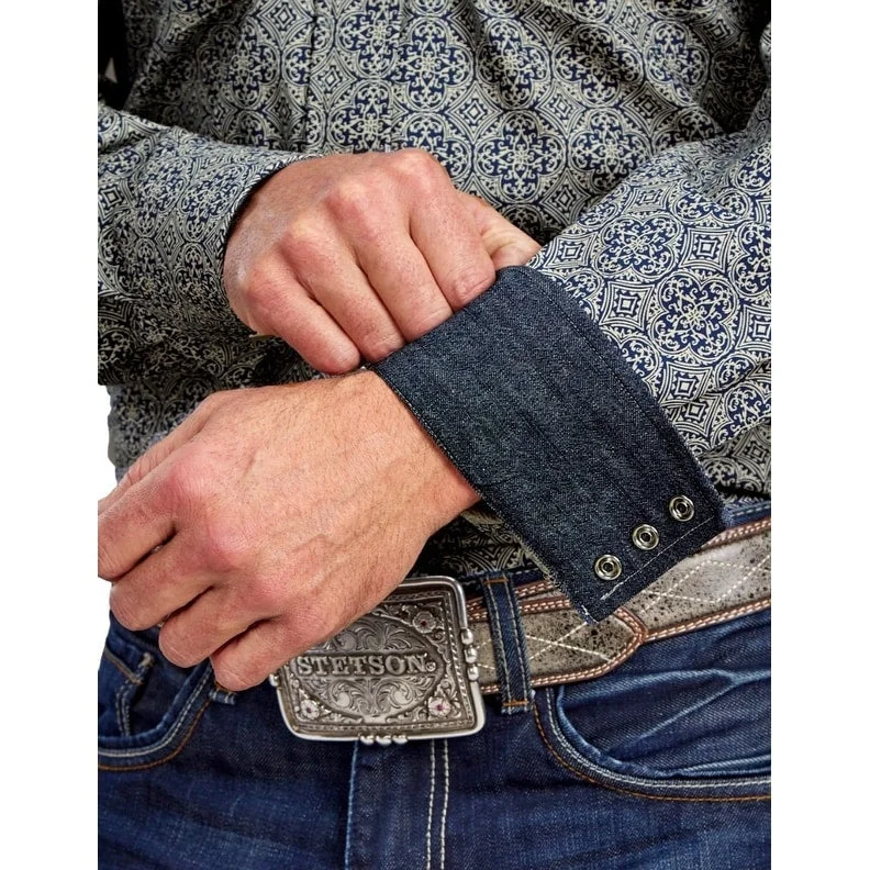 Everyday Denim Practical Hoodies Stetson Western Shirt Mens L/S Medallion Snap Blue 11-001-0425-0732 BU