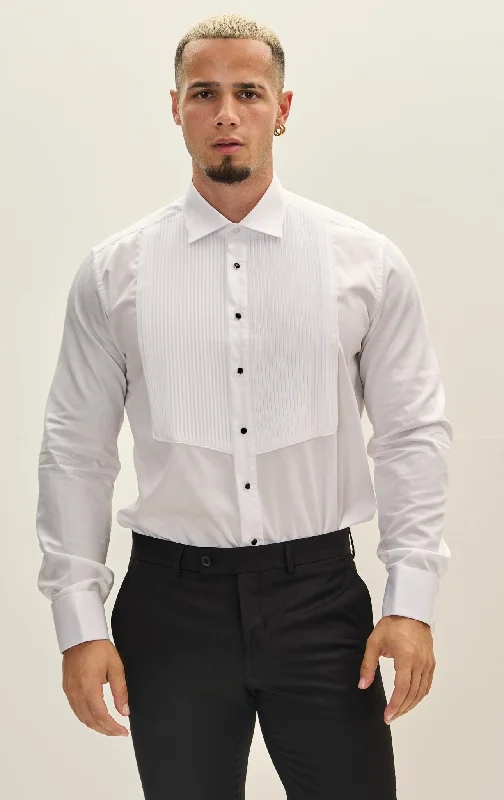 Timeless Style Trendy Jeans Pure Cotton Pleated Classic Collar Formal Shirt - White
