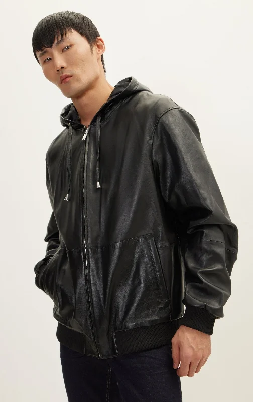 Active Tops Sporty Accessories Genuine Leather Hooded Sweatshirt - Black