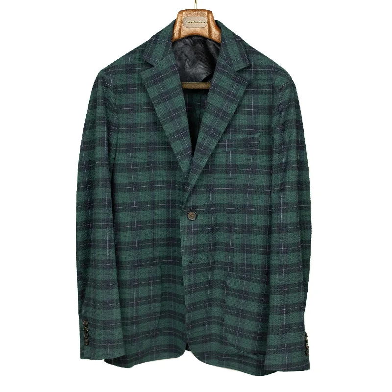 Active Tops Basic Casuals AAuro unstructured sport coat in green and blue plaid cotton seersucker Active Tops Basic Casuals AAuro unstructured sport coat in green and blue plaid cotton seersucker