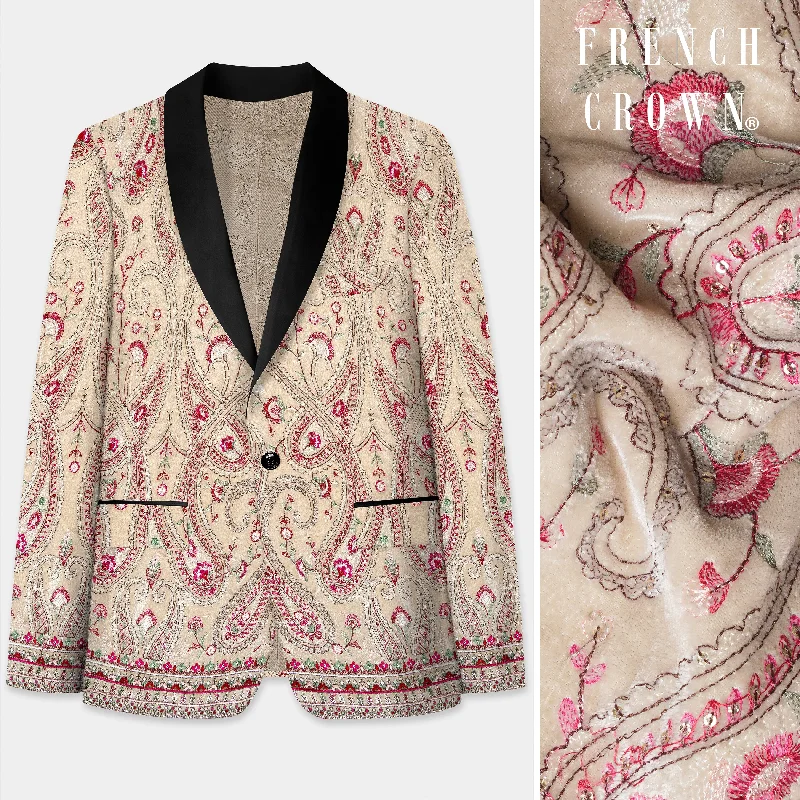 Bisque Brown and Cardinal Pink Floral Thread Embroidered Tuxedo Blazer