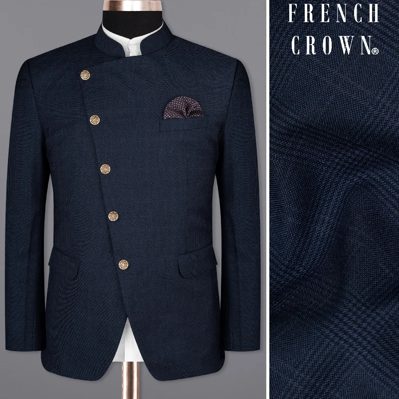 Outdoor Clothing Comfortable Suits Cloud Burst Blue Super fine Subtle Checkered Woolrich Cross Placket Bandhgala Blazer Outdoor Clothing Comfortable Suits Cloud Burst Blue Super fine Subtle Checkered Woolrich Cross Placket Bandhgala Blazer