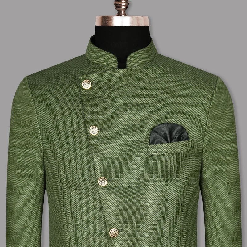 Crocodile Green Cross Placket Bandhgala/Mandarin Wool-Silk blend Blazer