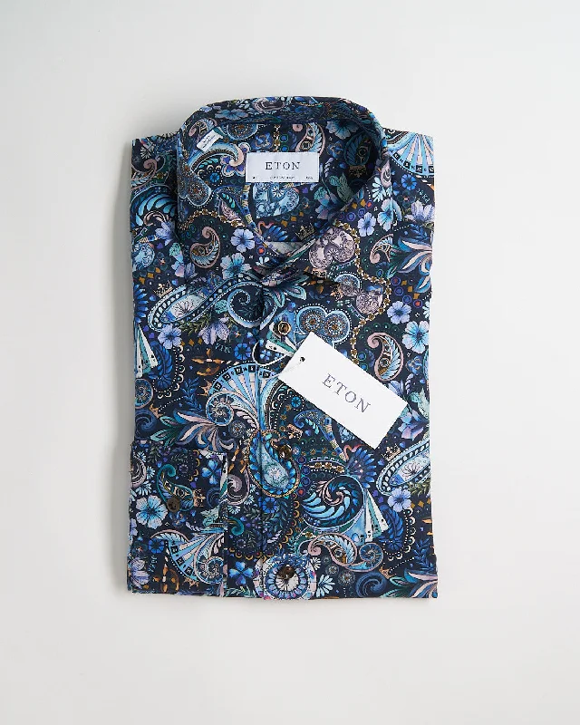 Weekend Wear Smart Layers Navy Blue Motif Signature Twill Contemporary Shirt