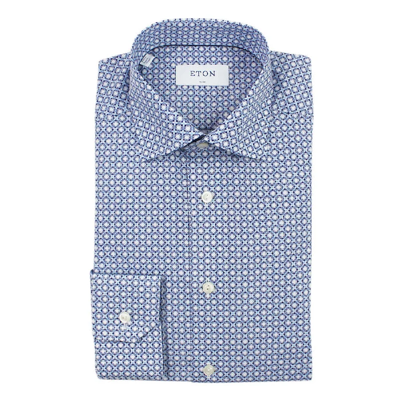 Effortless Gear Comfy Shirts Eton - Slim Fit Geometric Print Shirt in Blue & White Effortless Gear Comfy Shirts Eton - Slim Fit Geometric Print Shirt in Blue & White