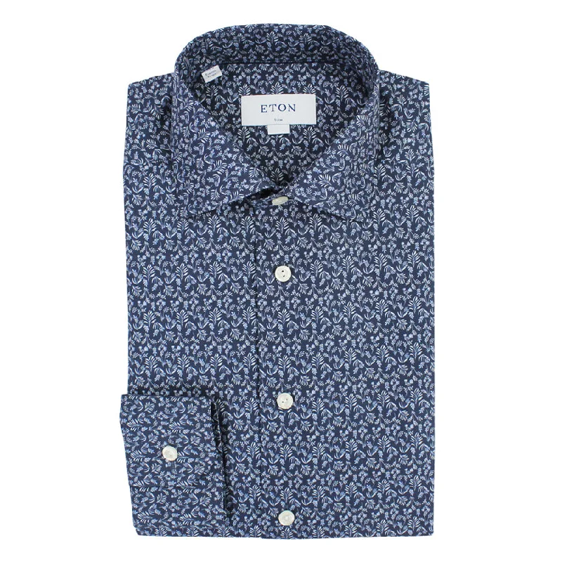 Soft Knitwear Premium Pants Eton - Slim Fit Lightweight Floral Shirt in Navy