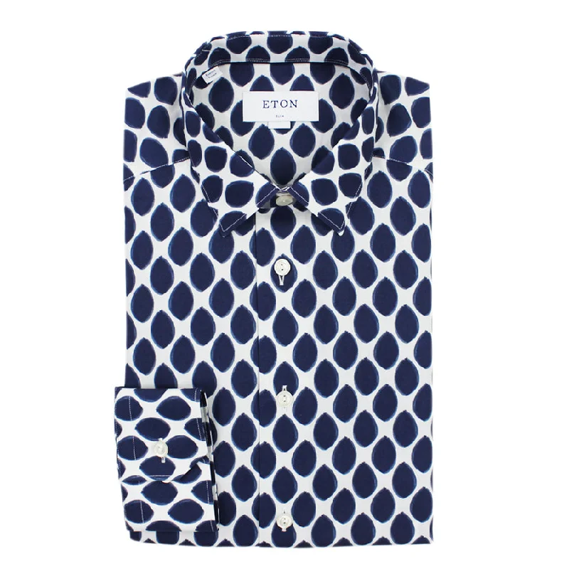 Comfortable Wearables Warm Sweaters Eton - Slim Fit Oval Print Shirt in Navy & White Comfortable Wearables Warm Sweaters Eton - Slim Fit Oval Print Shirt in Navy & White