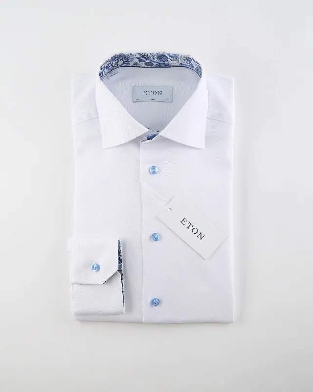Laid-Back Wear Comfortable Jeans White Geometric Effect Textured Twill Slim Shirt