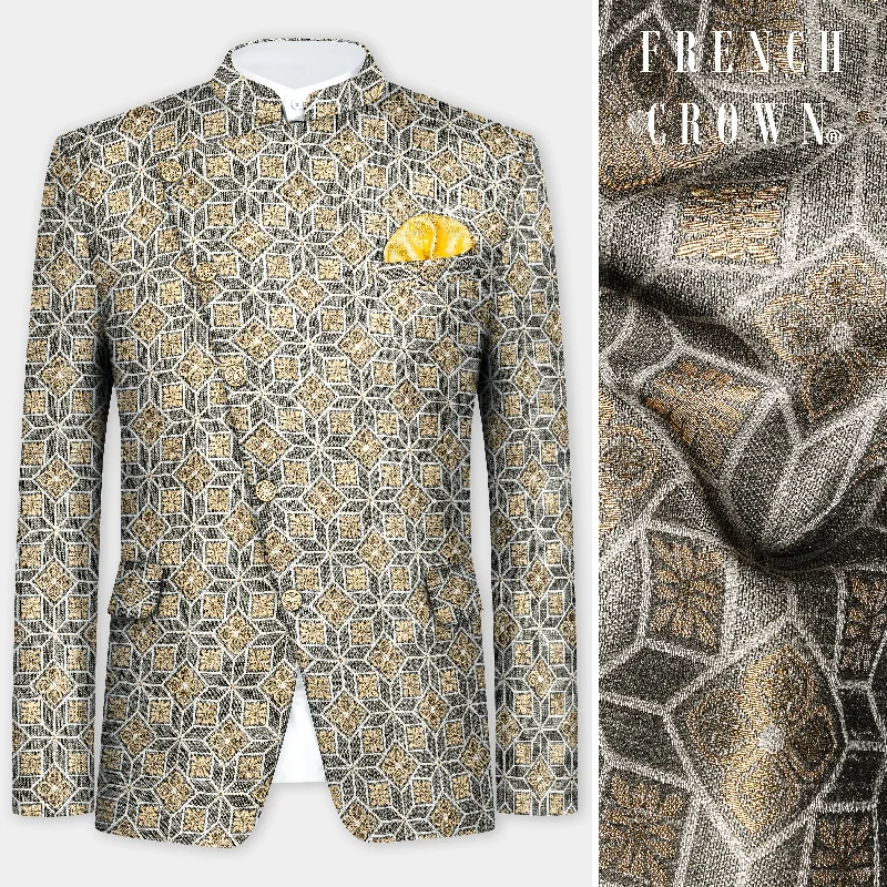 Friar Gray and Pavlova Brown Geometric Pattern Jacquard Weave Cross Placket Bandhgala Jodhpuri