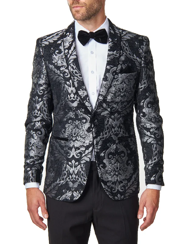 Everyday Comfort Wear Trendy Outerwear GLEN - Grey Floral Foliage on Black Jacquard Tuxedo Jacket Everyday Comfort Wear Trendy Outerwear GLEN - Grey Floral Foliage on Black Jacquard Tuxedo Jacket