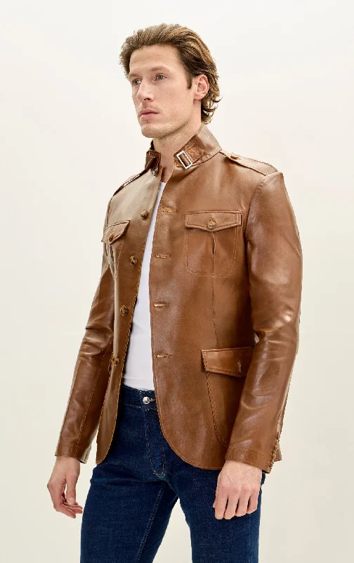 Outdoor Essentials Trendy Shirts Men's Genuine Leather Safari Jacket - Brown