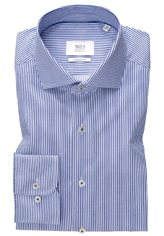 'Luxury Twill' in Blue Striped - Modern Fit - Two Ply Cotton Twill Dress Shirt with Cutaway Collar by Eterna 1863