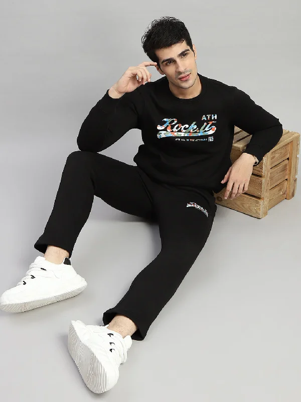 Soft Jackets Street Pants Men Black Printed Round Neck Full Sleeve Winter Tracksuit Soft Jackets Street Pants Men Black Printed Round Neck Full Sleeve Winter Tracksuit