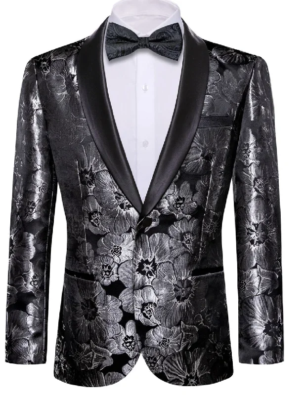 Cool Casuals Warm Sweaters Men's Dress Party Black Floral Suit Jacket Slim One Button Stylish Blazer-XX-0040