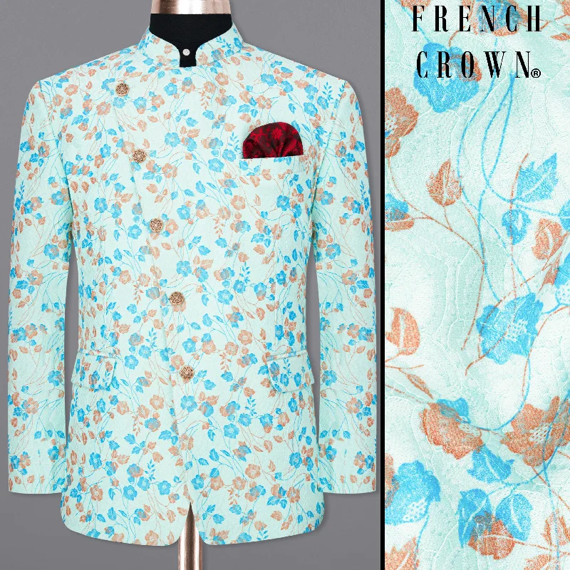 Mint Tulip and Tiffany Blue Floral Printed Cross Placket Bandhgala Designer Blazer