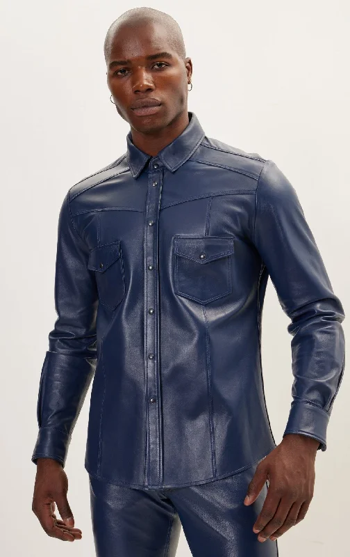 Easy Pants Street Style Pants Genuine Lambskin Leather Shirt - Navy
