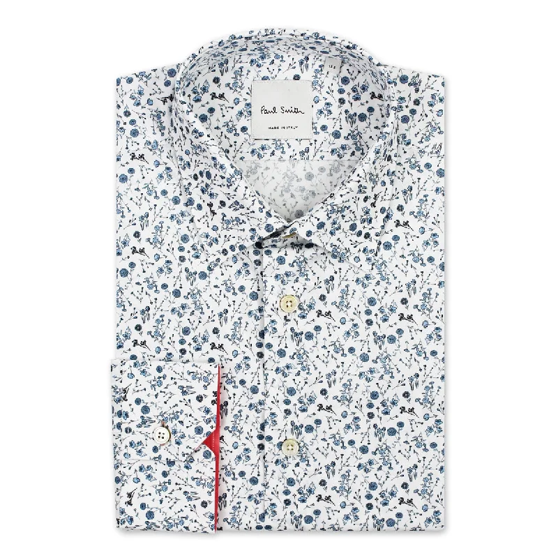 Modern Apparel Casual Suits Paul Smith - Tailored 'Artist Stripe' Cuff Floral Shirt in White Modern Apparel Casual Suits Paul Smith - Tailored 'Artist Stripe' Cuff Floral Shirt in White
