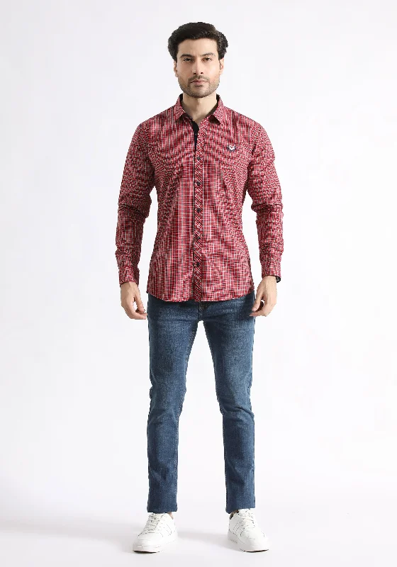 Soft Sweaters Fashion Layers Red Checkered Slim Fit Shirt