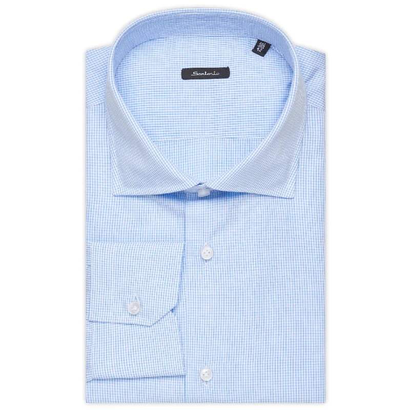 SARTORIO by KITON Light Blue Checkered Cotton Dress Shirt NEW Slim Fit 39