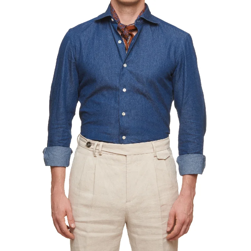 Comfortable Shirts Trendy Outerwear SARTORIO Napoli by KITON Indigo Blue Cotton Denim Dress Shirt