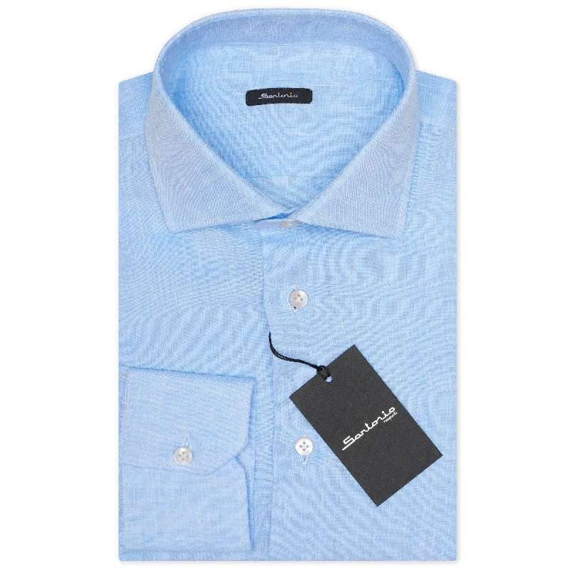 SARTORIO Napoli by KITON Light Blue Linen Spread Collar Shirt Slim Fit NEW