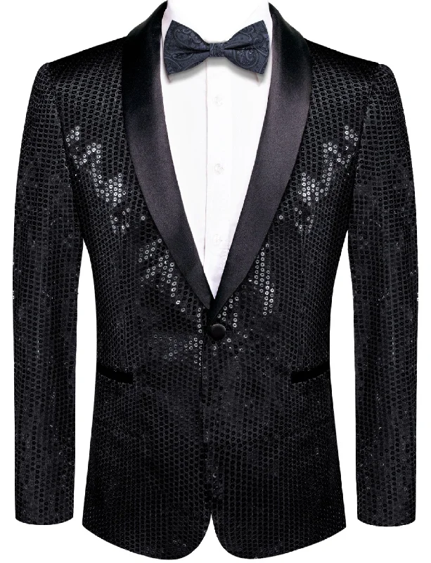 Modern Casuals Minimalist Jackets Sequin Black Solid Jacket with Black Shawl Collar - XX-1081 Modern Casuals Minimalist Jackets Sequin Black Solid Jacket with Black Shawl Collar - XX-1081