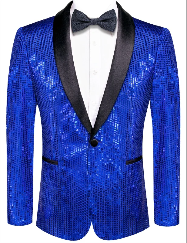 Cozy Essentials Functional Tops Sequin Blue Solid Jacket with Black Shawl Collar - XX-1079 Cozy Essentials Functional Tops Sequin Blue Solid Jacket with Black Shawl Collar - XX-1079