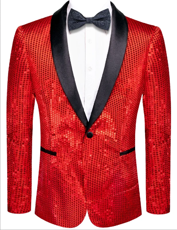 Effortless Comfort Casual Styles Sequin Red Solid Jacket with Black Shawl Collar - XX-1083 Effortless Comfort Casual Styles Sequin Red Solid Jacket with Black Shawl Collar - XX-1083