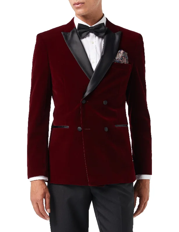 Modern Apparel Street Styles SMITH - BURGUNDY TUXEDO DOUBLE BREASTED VELVET BLAZER