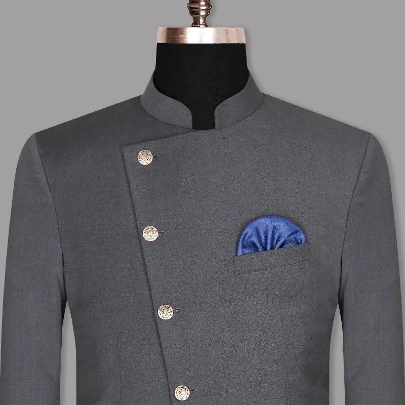 Smoky Grey Subtle Windowpane Cross Placket Bandhgala/Mandarin Blazer