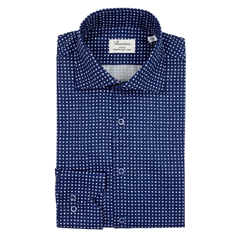 Cozy Pants Comfortable Jeans Stenstroms - Slimline Patterned Shirt in Navy