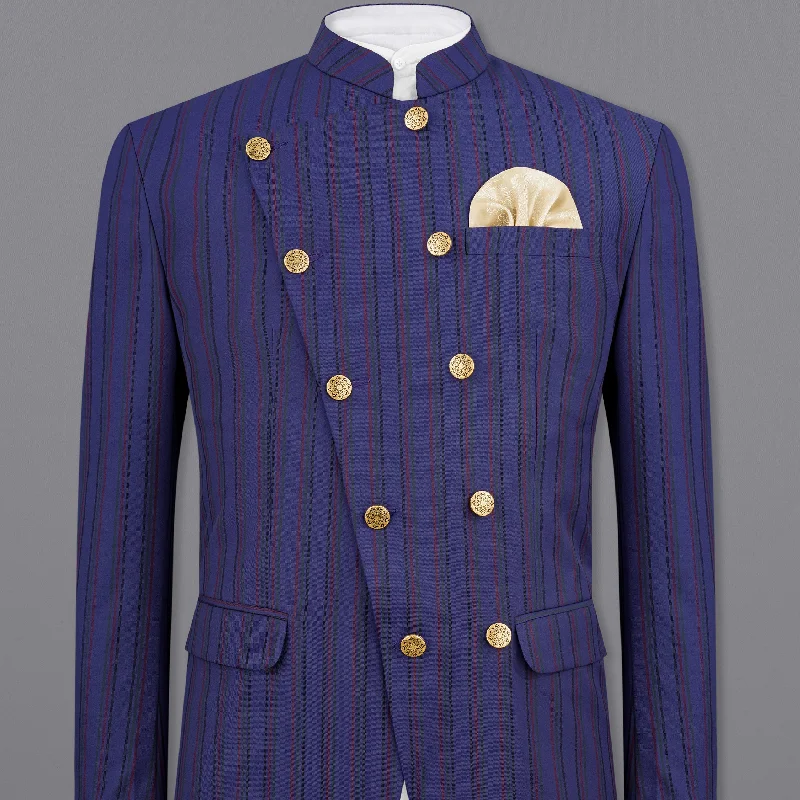 Violent Navy Blue Multicolour Striped Cross Placket Bandhgala Blazer