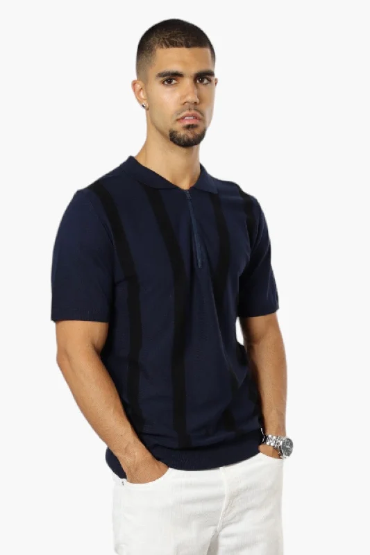 Soft Layers Comfortable Sweaters Jay Y. Ko Striped Zip Up Polo Shirt - Navy
