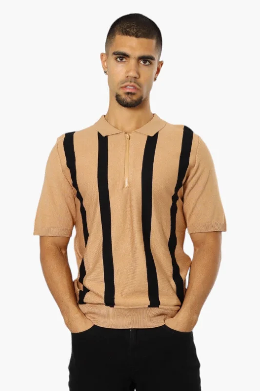 Effortless Gear Relaxed Sweaters Jay Y. Ko Striped Zip Up Polo Shirt - Camel