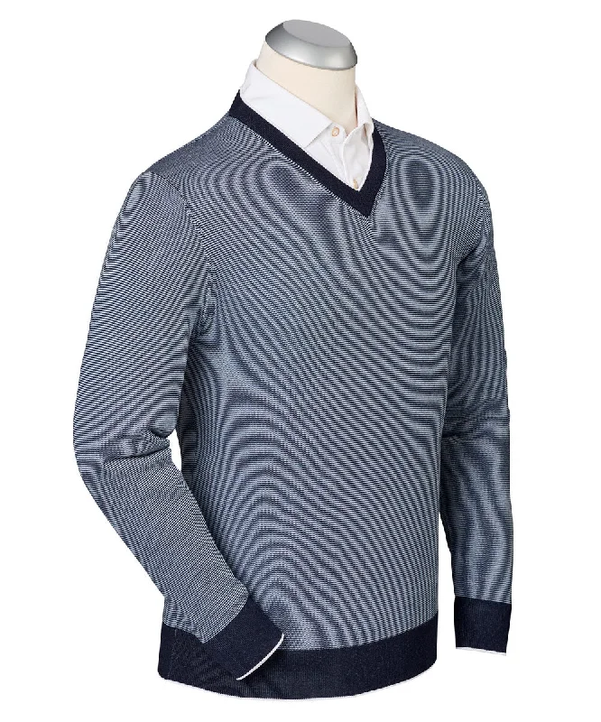 Flexible Wear Sporty Hoodies Luxe 100% Mercerized Cotton Hairline Stripe V-Neck Sweater Flexible Wear Sporty Hoodies Luxe 100% Mercerized Cotton Hairline Stripe V-Neck Sweater