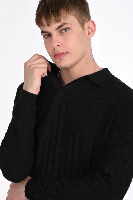 Street-Friendly Wear Winter Fashion Black Knitted Polo Neck TShirt