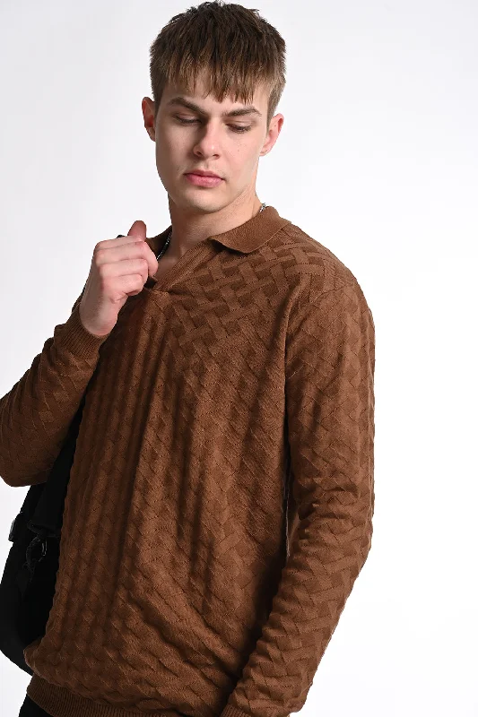 Warm Essentials Comfortable Shirts Brown Knitted Polo Neck TShirt