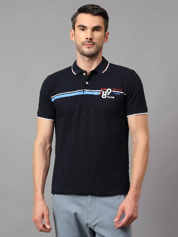 Comfortable Wearables Fashionable Hoodies Men's Navy Blue Printed Polo Neck Half Sleeve T-shirt