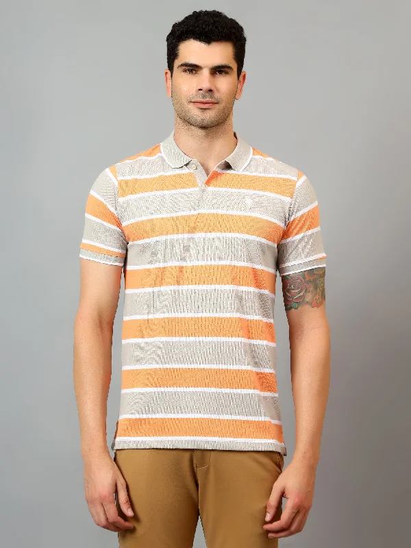 Casual Knitwear Cozy Outerwear Men's Peach Stripe Polo neck Half Sleeve T-Shirt