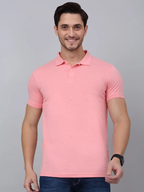 Relaxed Looks Practical Jeans Men's Pink Printed Polo Neck T-shirt