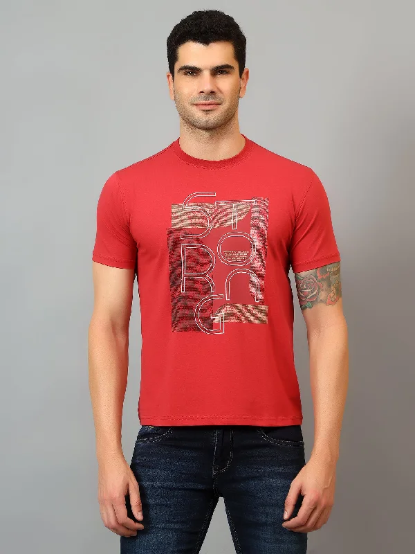 Relaxed Denim Simple Jackets Men's Red Round neck Half Sleeve T-Shirt with Typographic print Relaxed Denim Simple Jackets Men's Red Round neck Half Sleeve T-Shirt with Typographic print
