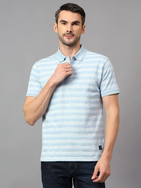 Fashion Comfort Classic Pants Men's Sky Blue Striped Polo Neck Half Sleeve T-shirt