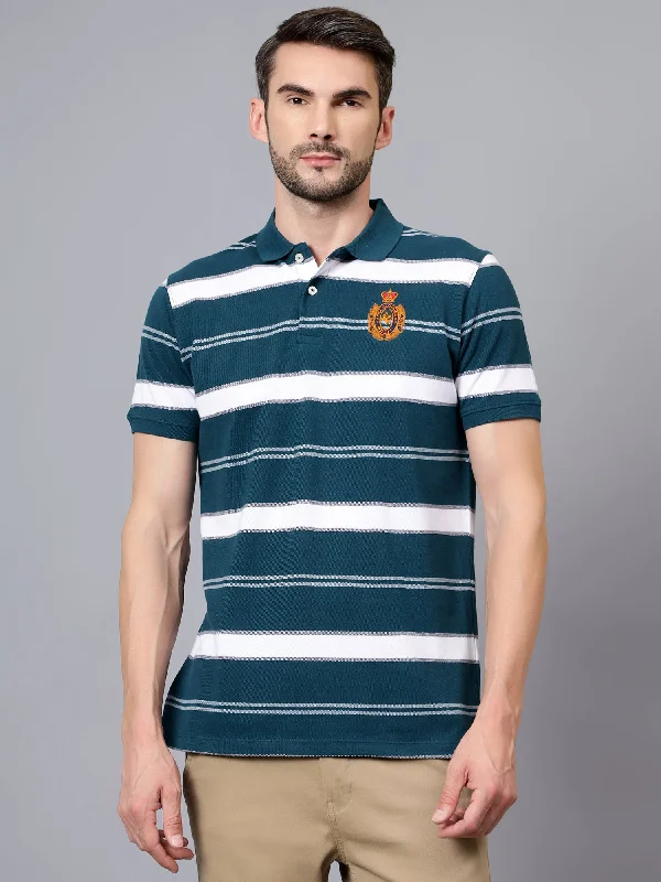Casual Essentials Urban Accessories Men's Teal Blue Striped Polo Neck Half Sleeve T-shirt Casual Essentials Urban Accessories Men's Teal Blue Striped Polo Neck Half Sleeve T-shirt