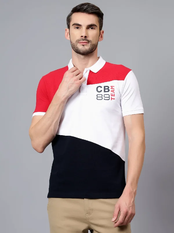 Cool Streetwear Classic Shorts Men's White Color Blocked Polo Neck Half Sleeve T-shirt