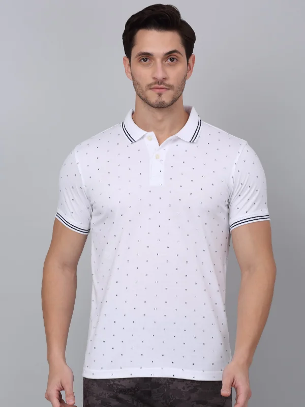 Comfy Styles Warm Hoodies Men's White Printed Polo Neck T-shirt
