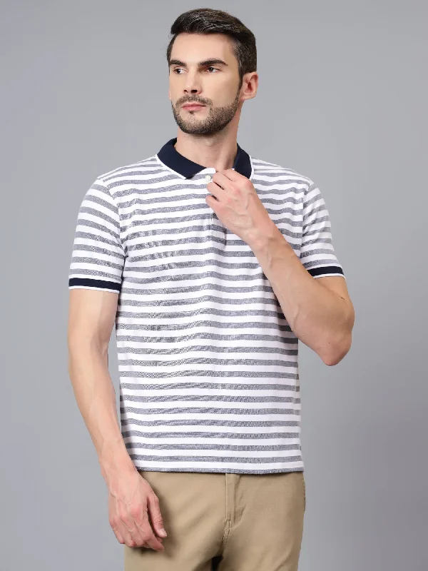 Sport Chic Relaxed Tops Men's White Striped Polo Neck Half Sleeve T-shirt