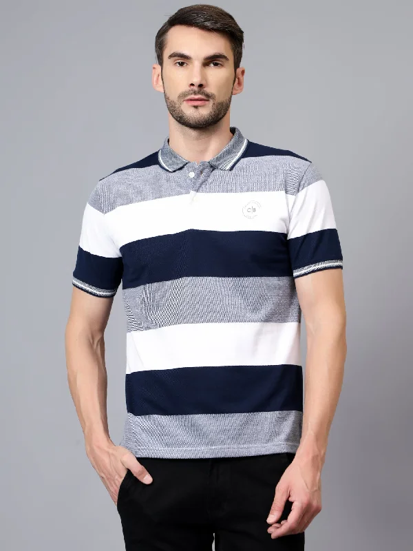 Soft Materials Modern Footwear Men's White Striped Polo Neck Half Sleeve T-shirt