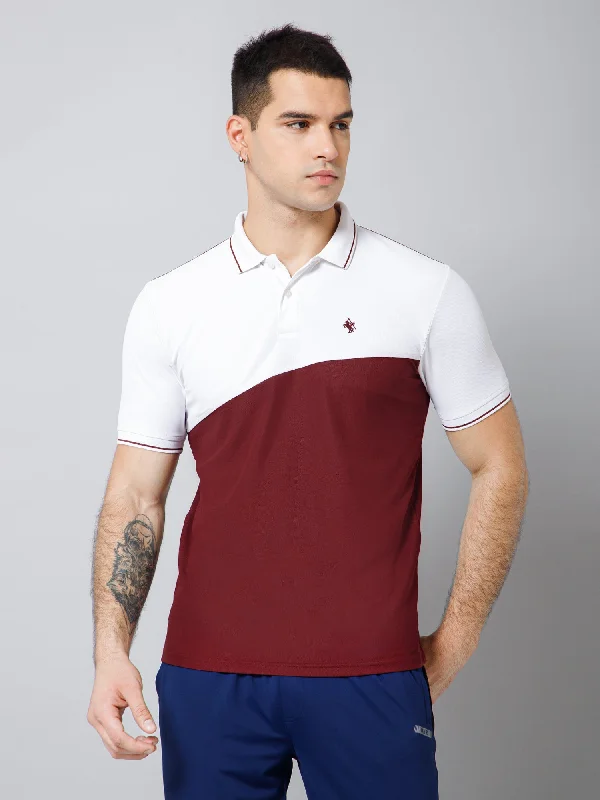 Regular Fit Colorblock Polo Neck Half Sleeve Maroon Active Wear T-Shirt for Men