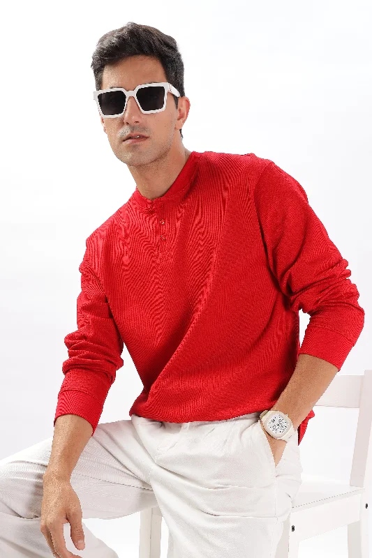 Soft Knitwear Modern Pants Classic Henley T-Shirt: Red
